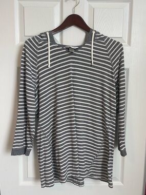 Christopher & Banks Gray and White Striped Hooded Top